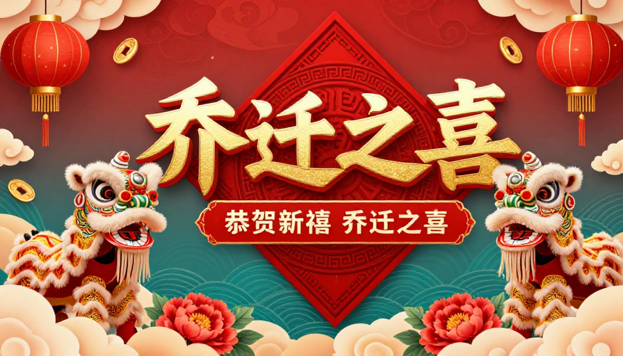 朱红青绿撞色传统舞狮牡丹乔迁喜庆海报