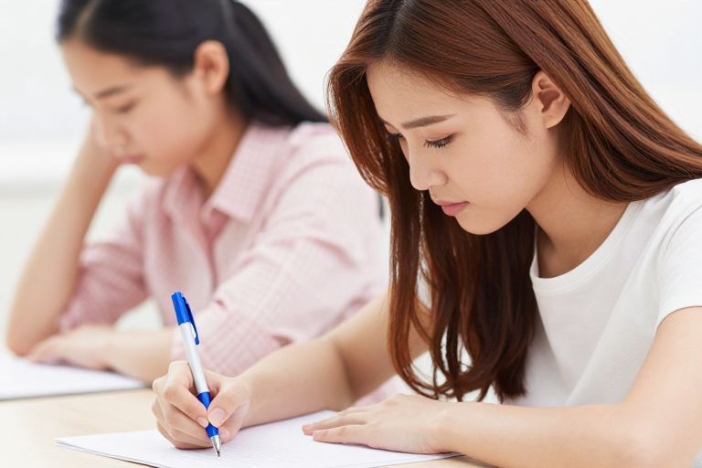 专注书写:两位亚洲女学生的学习时刻