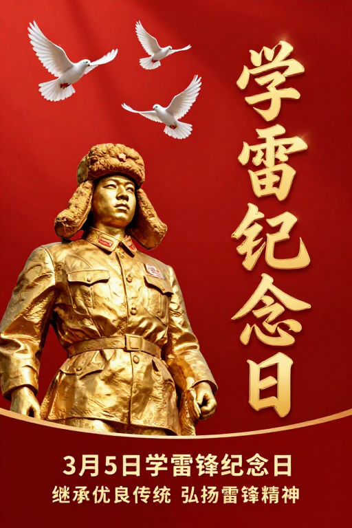 雷锋纪念日红金浮雕海报:庄严纪念与和平鸽飞翔