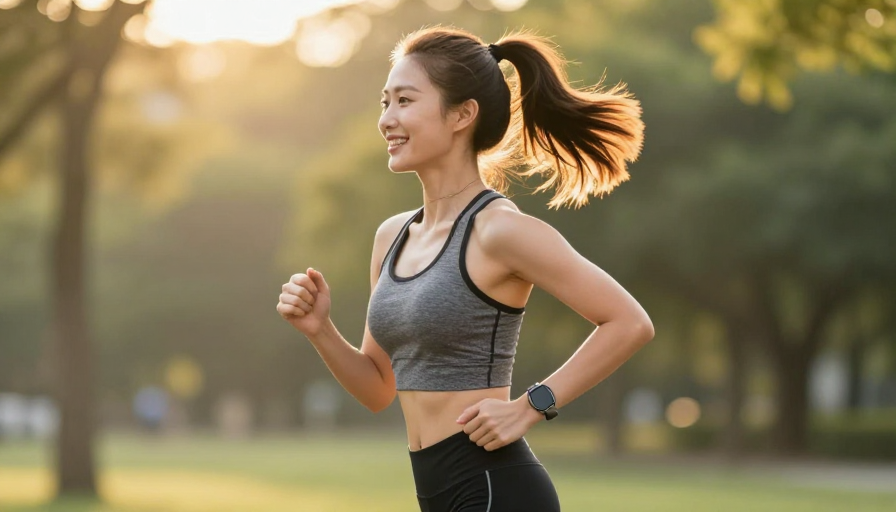 活力绽放：亚洲女性晨跑闪耀侧逆光