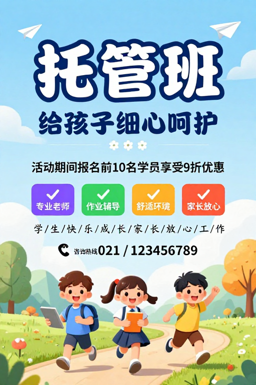 清新童伴:儿童托管班温馨宣传海报