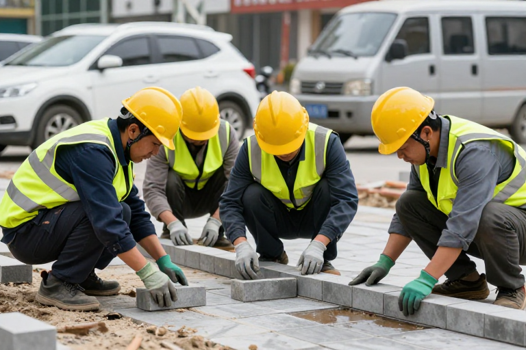 市政工程实景:五名工人专注铺设灰色地砖