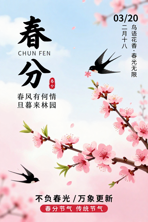 春分雅韵:水墨意境与桃花燕影的春日诗意海报