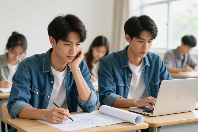 青年学子专注学业，教育科技宣传实景摄影