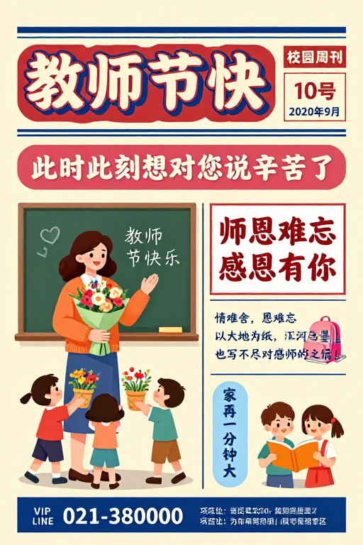 复古手绘教师节暖心校园海报