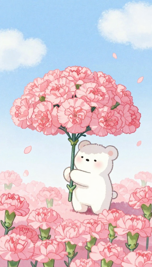 梦幻治愈:粉色康乃馨下的宁静小熊梦境