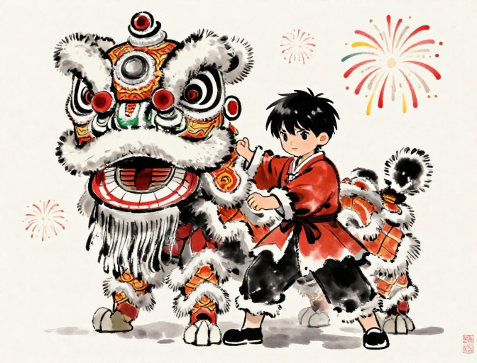 水墨醒狮少年迎新：古风新年烟花燃情