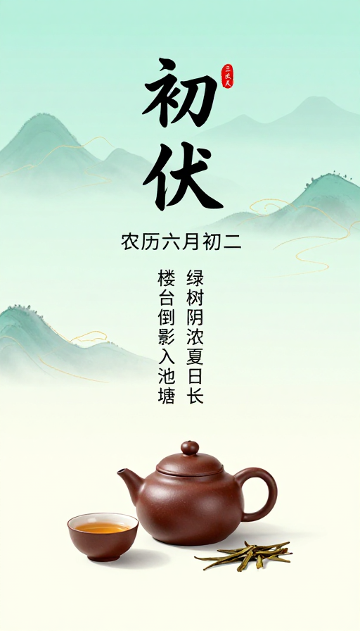 初伏青绿山水水墨茶韵海报