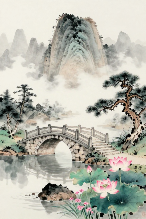 水墨古韵：云溪石桥与粉荷静景