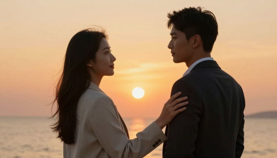 夕阳下的深情对视：亚洲情侣海边写真