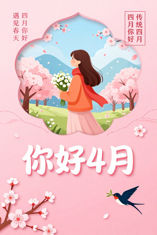 粉樱暖春手绘海报：四月你好治愈插画风