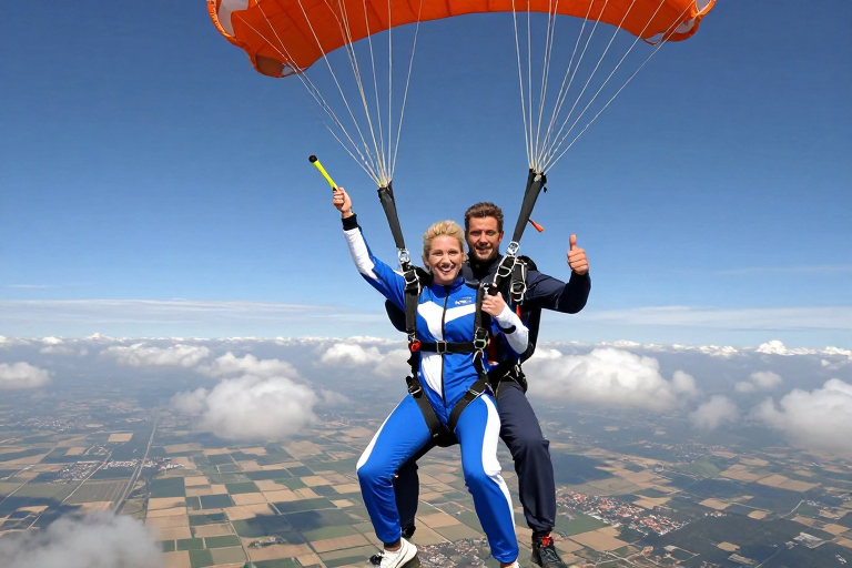 双人极限跳伞：蓝天下的金发女子与教练