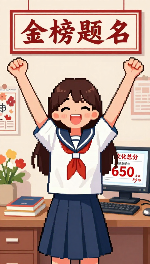像素风少女金榜题名庆祝瞬间