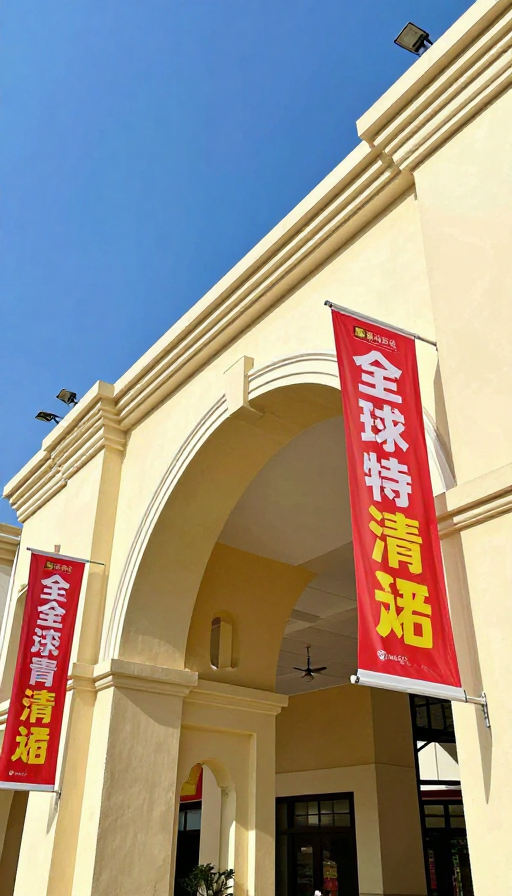 阳光活力促销场景：明亮天空与拱门搭配促销旗帜