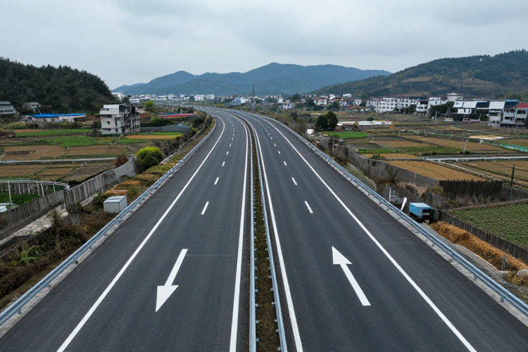 冷灰蓝调下的高速公路弯道全景实拍