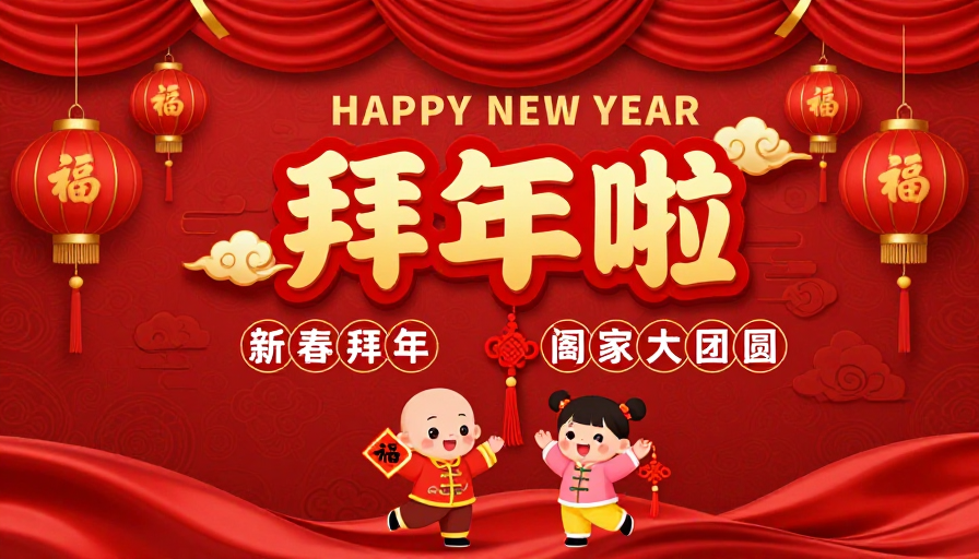 红色中国风新年贺卡，卡通儿童与宫灯点缀