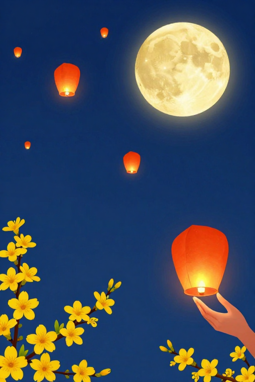 深蓝夜空满月与孔明灯，温馨扁平插画