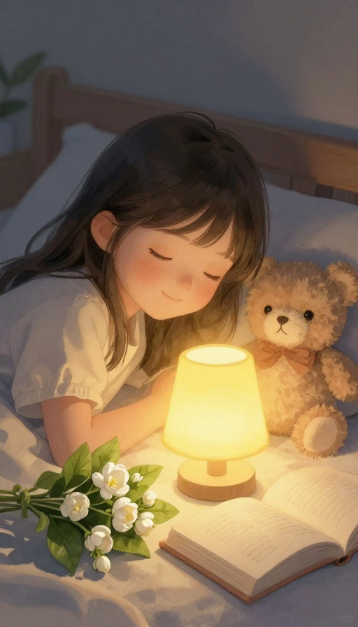 暖黄台灯下的甜蜜睡前插画