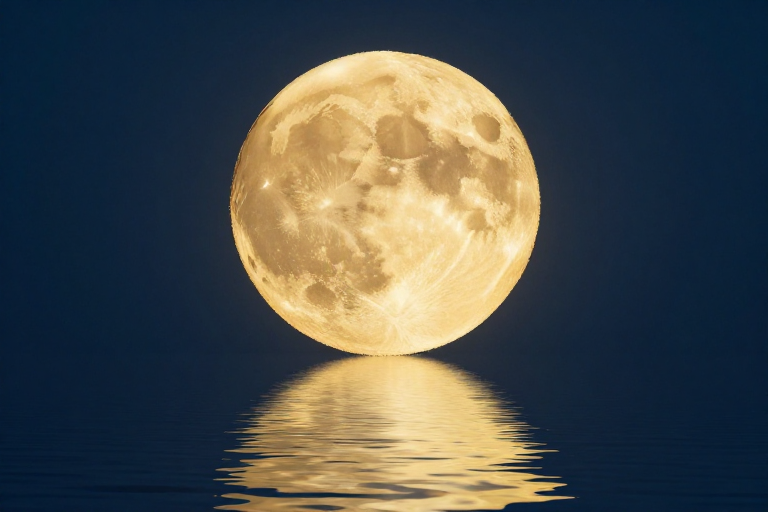深蓝夜空中的金黄满月与宁静水面倒影