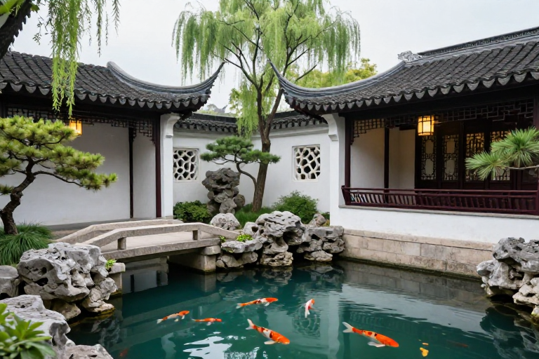 江南古典园林实景：青灰白黛墙与碧池锦鲤
