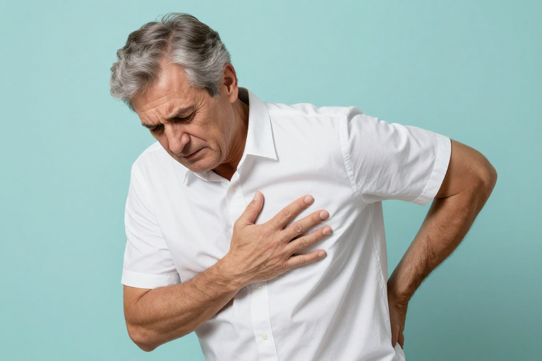 中年男性胸痛症状展示，高清商业摄影广告图