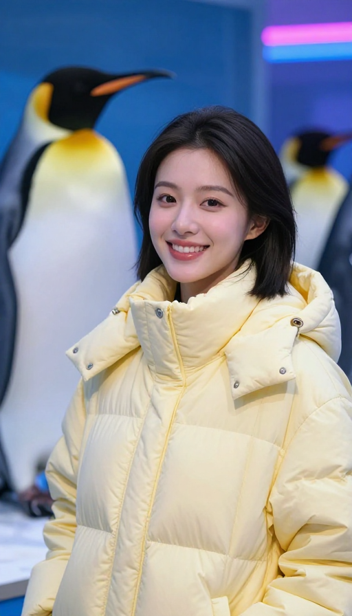 极光下的微笑：东方女子与企鹅的霓虹时尚瞬间