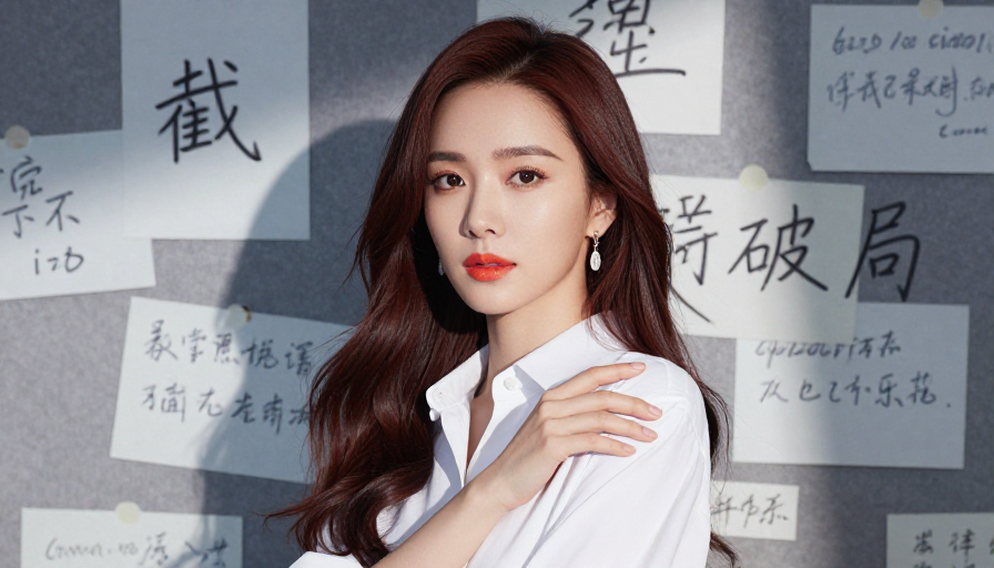 亚洲女性冷色调肖像：橘红唇色与灰色布告栏的视觉张力