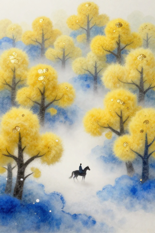 一人一马入雾境：点彩水墨羊毛毡奇幻古风插画