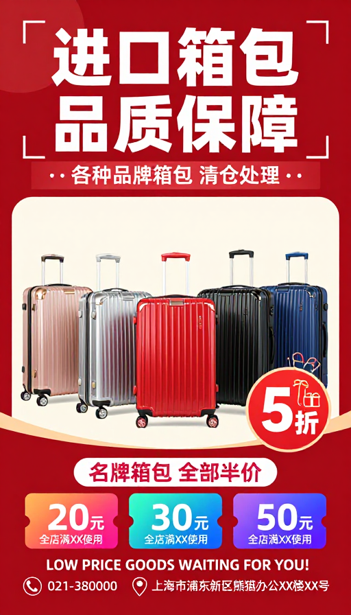 进口箱包清仓促销海报:品质保障半价特惠