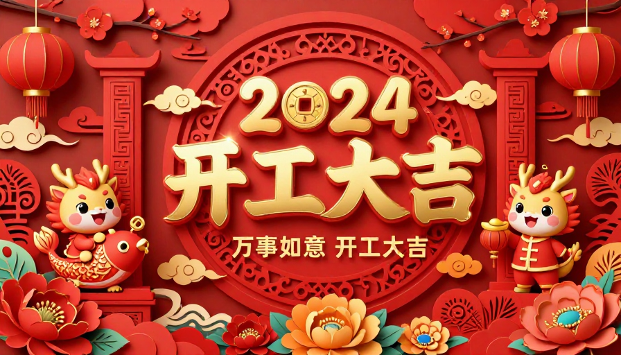 2024新年开工大吉:金色剪纸风吉祥海报