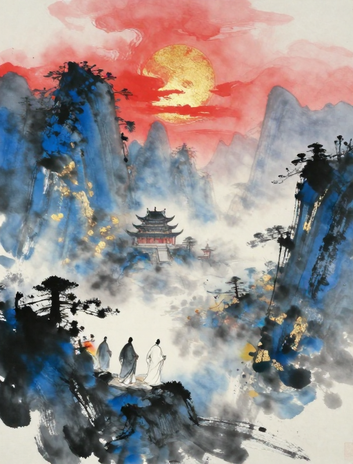 晨雾古寺·水墨禅心：僧侣叙事幽蓝传说