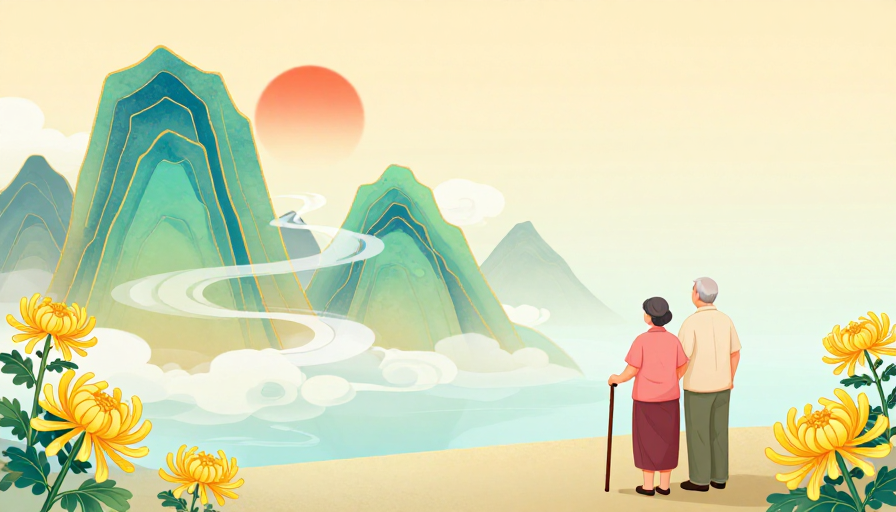 青绿山水意境:秋日日落与人文静景