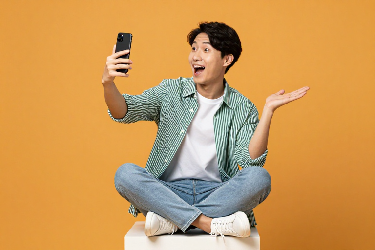 橙墙前的青春活力时尚自拍