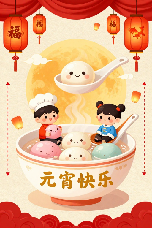 元宵佳节温馨国风插画，童趣盎然传递祝福