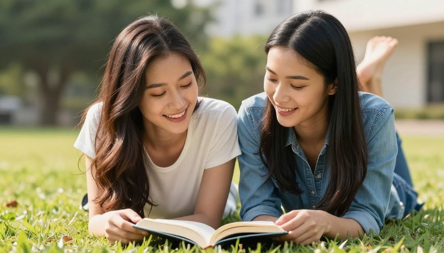 青春共读时光:两位年轻女性在暖阳下共享知识之乐