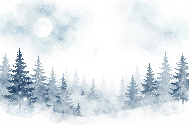 淡蓝水彩冬日雪景：静谧空灵氛围背景