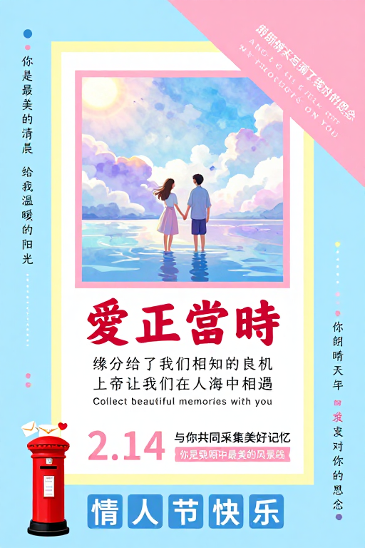 清新马卡龙风情人节浪漫水彩情侣海报插画