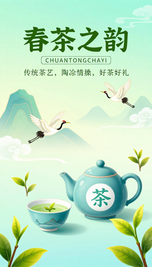 清新国风春茶海报，展现传统茶艺韵味