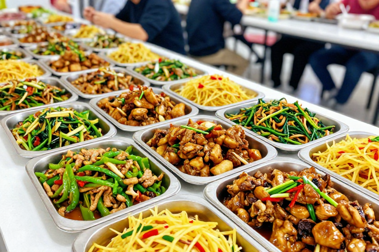 食堂美食俯拍:中式菜肴诱人呈现