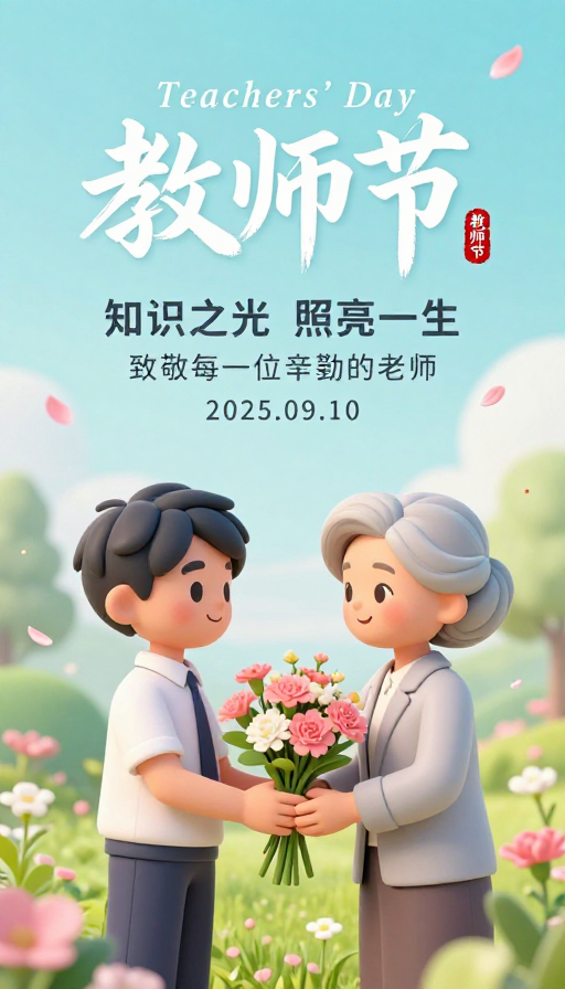 教师节温馨3D插画海报，马卡龙色调感恩祝福